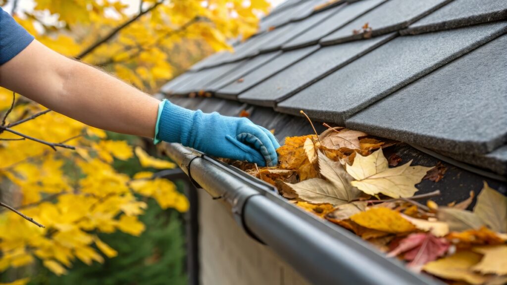 Gloved hand cleaning leaves from a residential gutter
